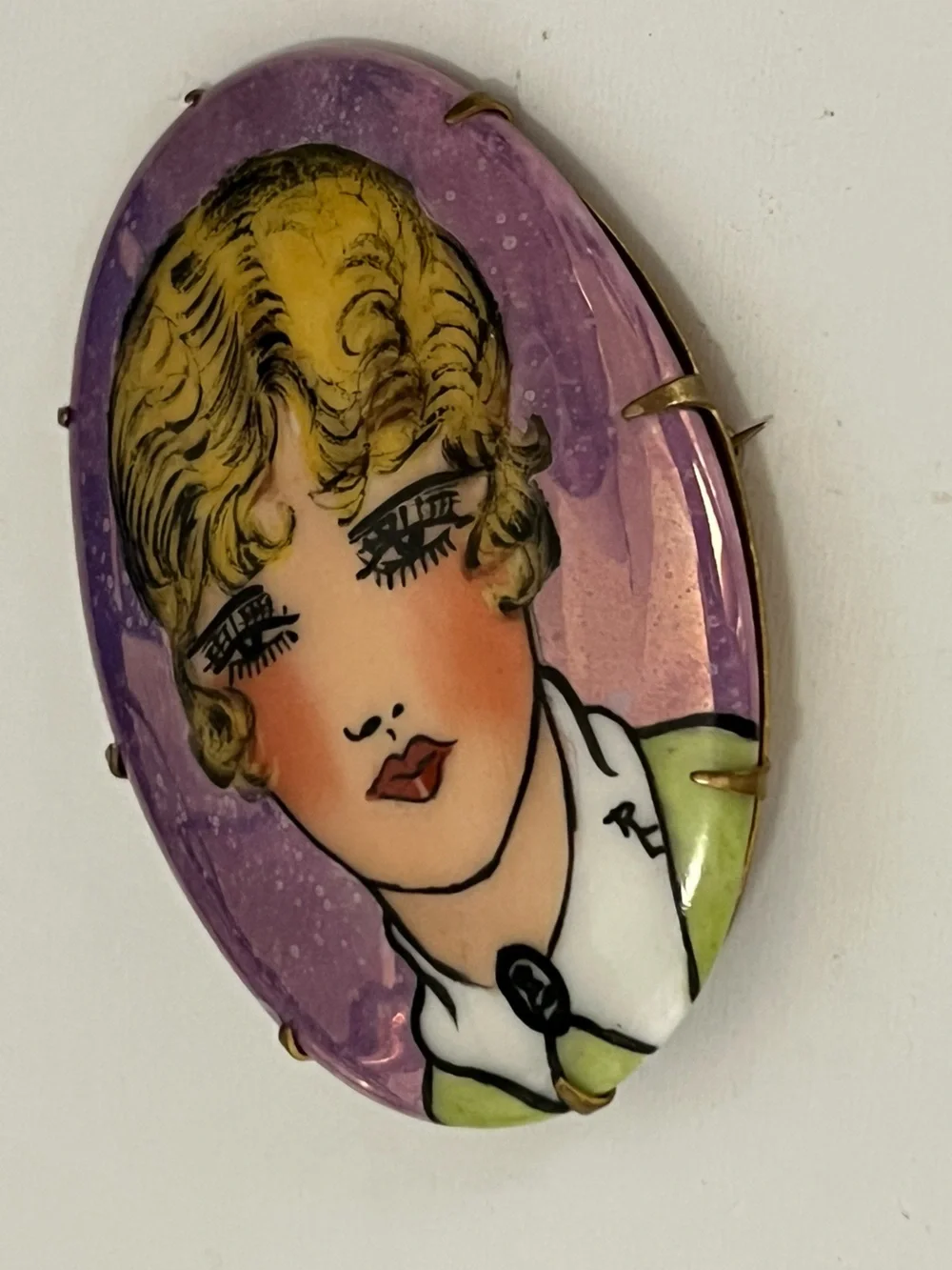 Antique 1920s Flapper Art Deco Hand Painted Portrait Brooch